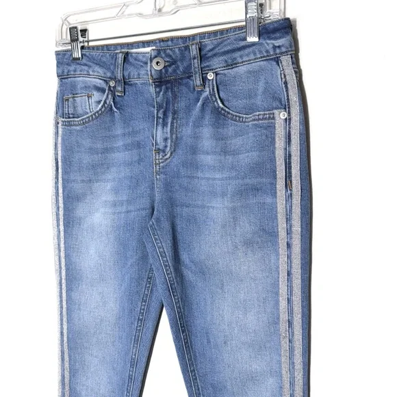 Anthropologie Shimmer Metallic Silver Racer Side Stripe Fringe Hem Cropped Jeans - Picture 7 of 15